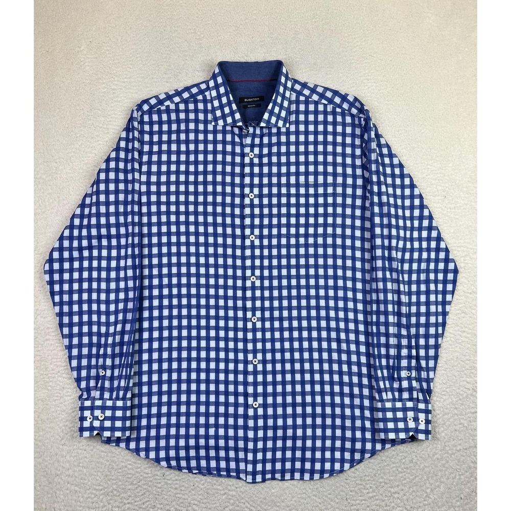 Bugatchi Mens Extra Large Blue White Gingham Check Classic Fit Cotton Shirt